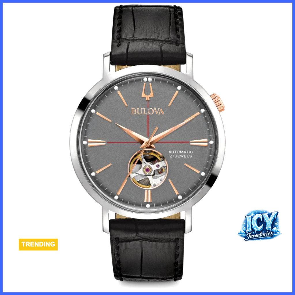 Automatic Watch With Leather Strap, Open Aperture, 40-Hour Power Reserve